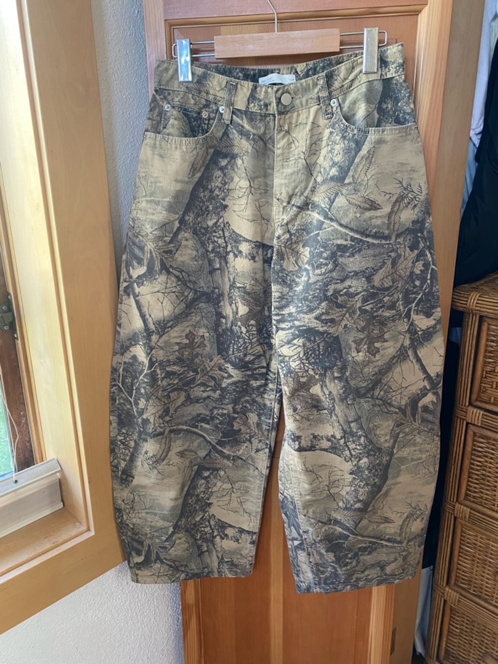 OAK + FORT Tan and Black Camo-Accent High-Waist Pants